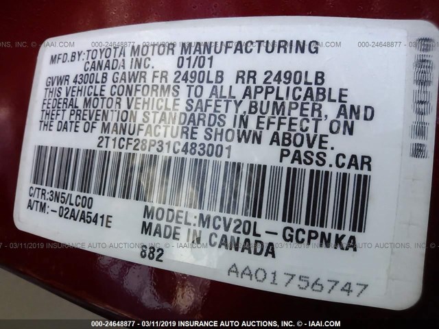 2T1CF28P31C483001 - 2001 TOYOTA CAMRY SOLARA SE/SLE RED photo 9