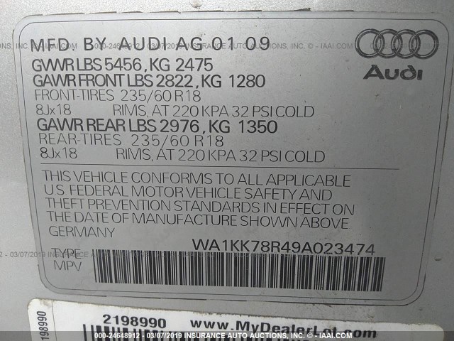 WA1KK78R49A023474 - 2009 AUDI Q5 3.2 SILVER photo 9