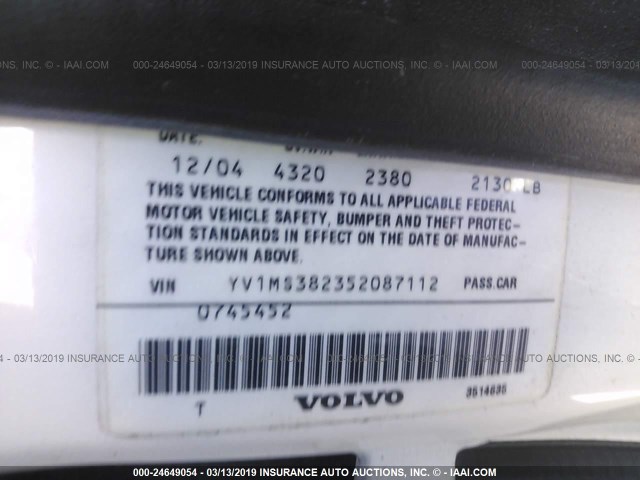 YV1MS382352087112 - 2005 VOLVO S40 2.4I WHITE photo 9