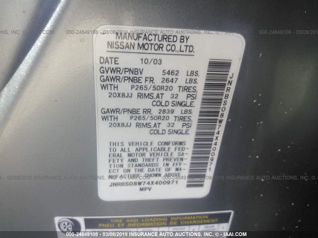 JNRBS08W74X400971 - 2004 INFINITI FX45 GRAY photo 9