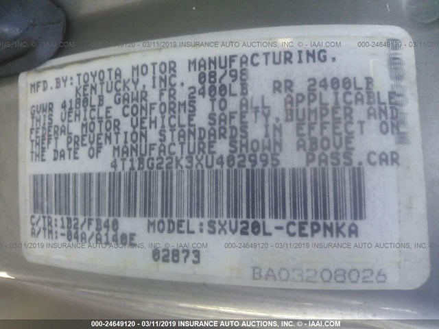 4T1BG22K3XU402995 - 1999 TOYOTA CAMRY CE/LE/XLE GRAY photo 9