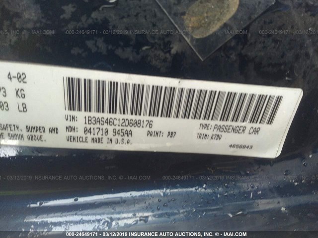 1B3AS46C12D608176 - 2002 DODGE NEON SE BLUE photo 9