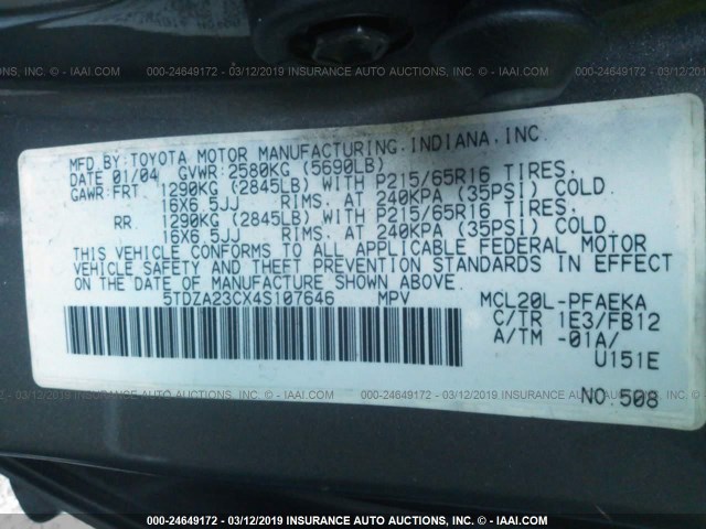 5TDZA23CX4S107646 - 2004 TOYOTA SIENNA CE/LE GRAY photo 9