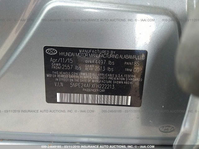 5NPE24AFXFH222213 - 2015 HYUNDAI SONATA SE GRAY photo 9