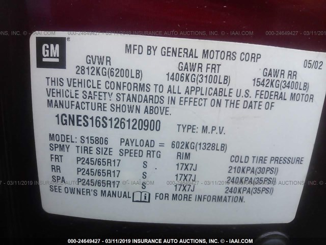 1GNES16S126120900 - 2002 CHEVROLET TRAILBLAZER EXT RED photo 9