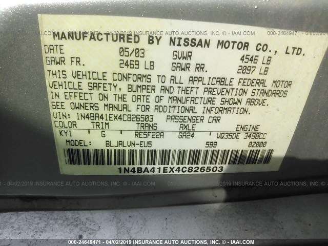 1N4BA41EX4C826503 - 2004 NISSAN MAXIMA SE/SL SILVER photo 9