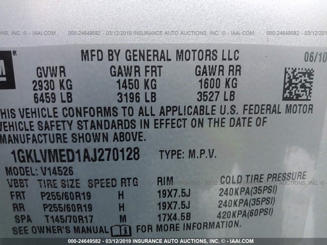 1GKLVMED1AJ270128 - 2010 GMC ACADIA SLT-1 SILVER photo 9