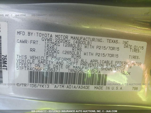 5TFTX4CN6FX056371 - 2015 TOYOTA TACOMA ACCESS CAB ნაცრისფერი ფოტო 9