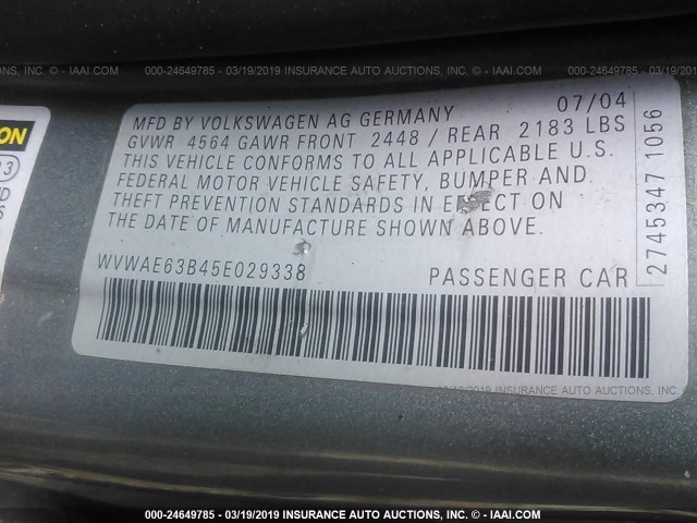 WVWAE63B45E029338 - 2005 VOLKSWAGEN PASSAT GLS TDI SILVER photo 9