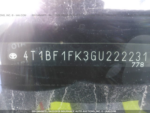 4T1BF1FK3GU222231 - 2016 TOYOTA CAMRY LE/XLE/SE/XSE ნაცრისფერი ფოტო 9