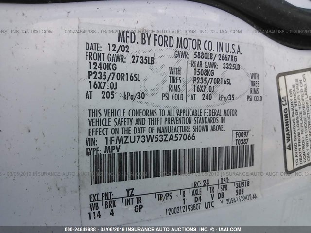 1FMZU73W53ZA57066 - 2003 FORD EXPLORER XLT/XLT SPORT/NBX Ağ foto 9