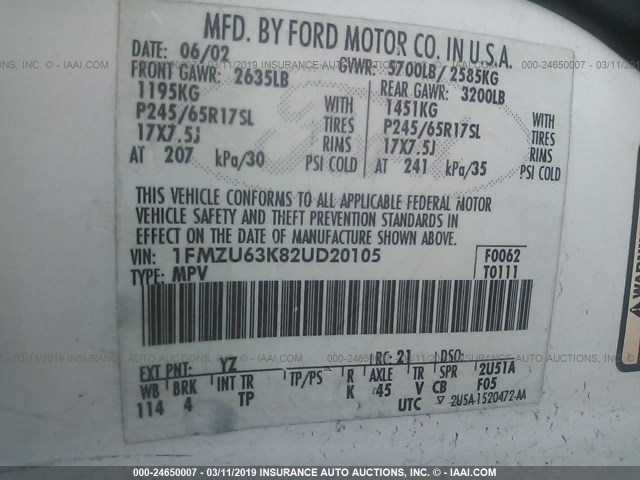 1FMZU63K82UD20105 - 2002 FORD EXPLORER XLT WHITE photo 9