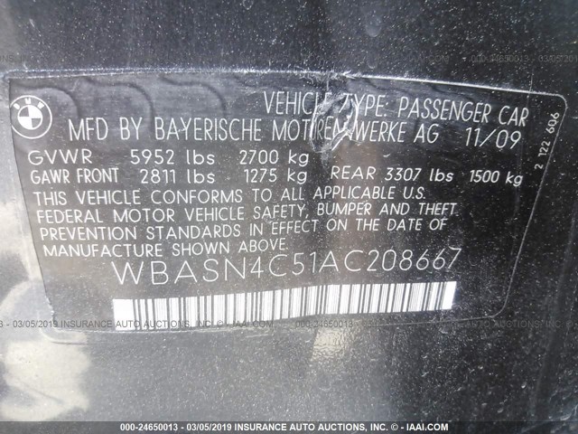 WBASN4C51AC208667 - 2010 BMW 550 GT GRAY photo 9