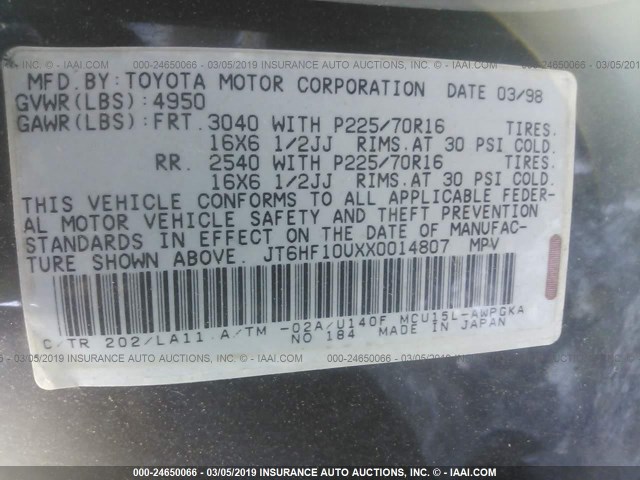 JT6HF10UXX0014807 - 1999 LEXUS RX 300 BLACK photo 9