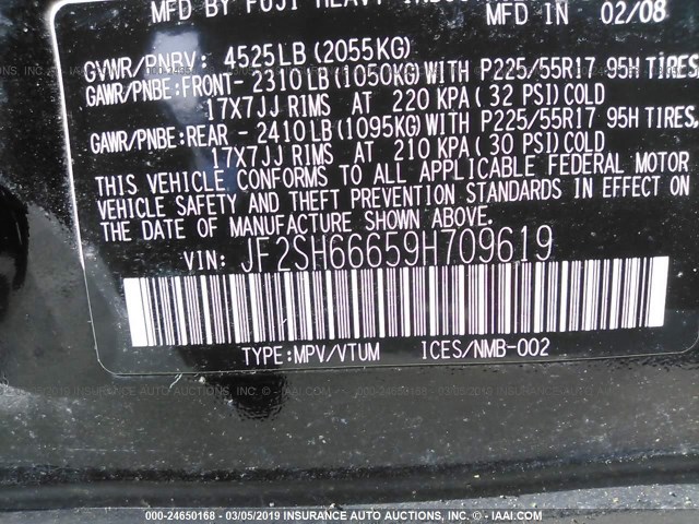 JF2SH66659H709619 - 2009 SUBARU FORESTER 2.5XT LIMITED BLACK photo 9