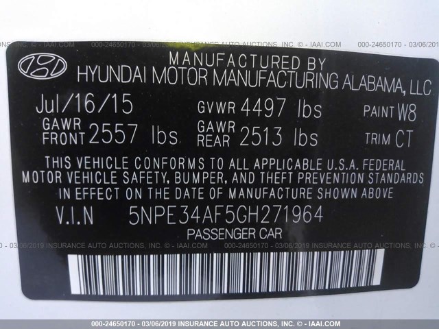 5NPE34AF5GH271964 - 2016 HYUNDAI SONATA SPORT/LIMITED WHITE photo 9