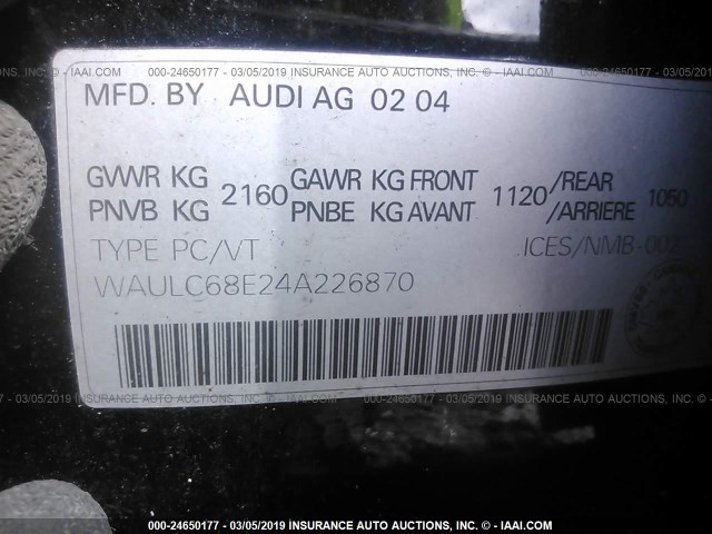 WAULC68E24A226870 - 2004 AUDI A4 1.8T QUATTRO BLACK photo 9