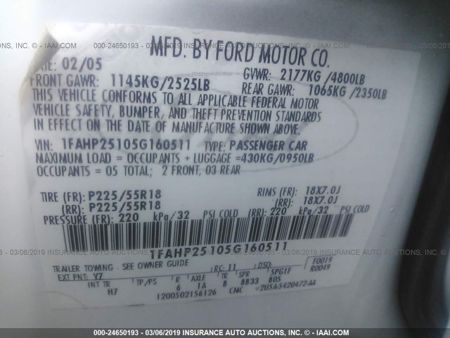 1FAHP25105G160511 - 2005 FORD FIVE HUNDRED LIMITED WHITE photo 9