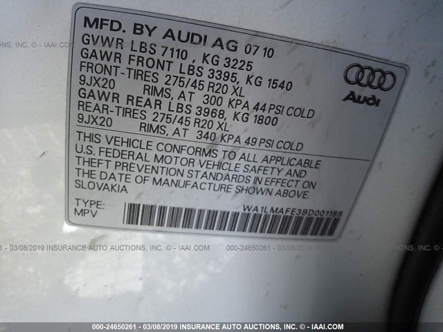 WA1LMAFE3BD001188 - 2011 AUDI Q7 PREMIUM PLUS SILVER photo 9