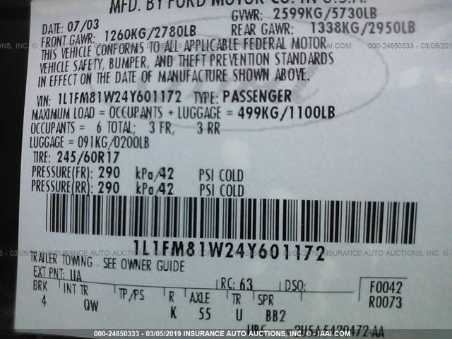 1L1FM81W24Y601172 - 2004 LINCOLN TOWN CAR EXECUTIVE/SIGNATURE შავი ფოტო 9