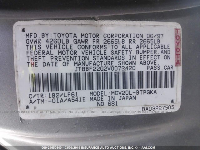 JT8BF22G2V0072420 - 1997 LEXUS ES 300 GRAY photo 9