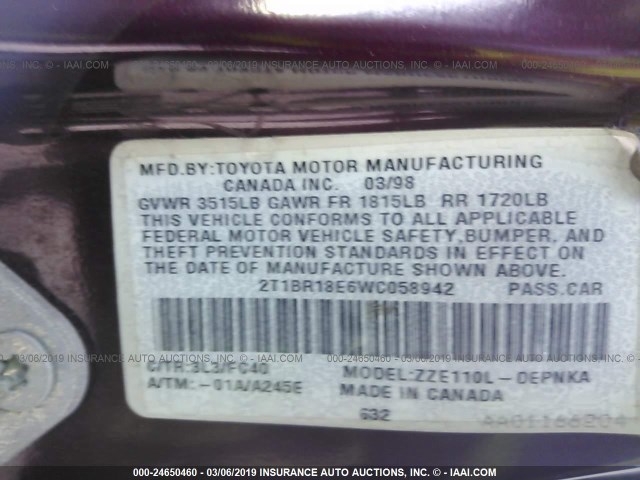 2T1BR18E6WC058942 - 1998 TOYOTA COROLLA VE/CE/LE 勃艮第红 照片 9