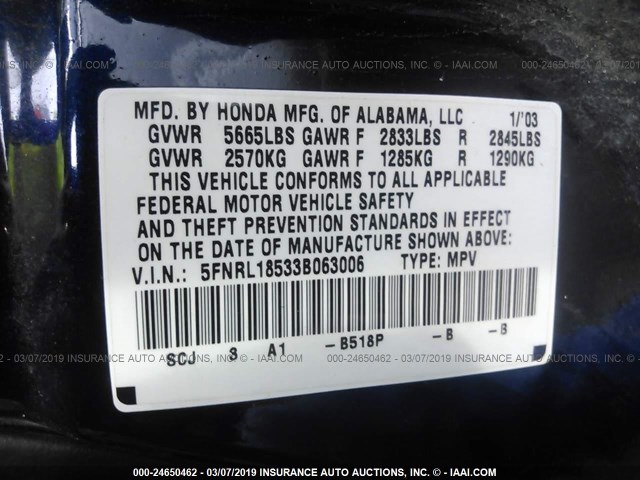 5FNRL18533B063006 - 2003 HONDA ODYSSEY BLUE photo 9