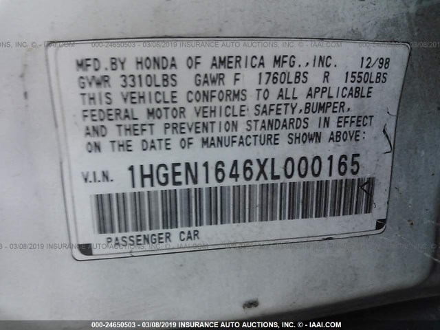 1HGEN1646XL000165 - 1999 HONDA CIVIC GX WHITE photo 9