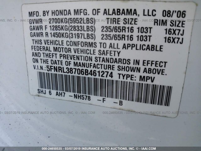 5FNRL38706B461274 - 2006 HONDA ODYSSEY EXL WHITE photo 9