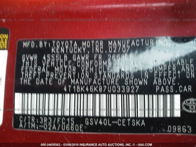 4T1BK46K87U033927 - 2007 TOYOTA CAMRY NEW GENERAT LE/XLE/SE RED photo 9