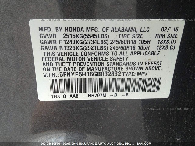 5FNYF5H16GB032832 - 2016 HONDA PILOT LX GRAY photo 9