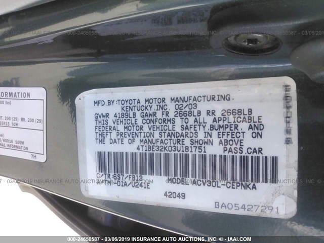 4T1BE32K03U181751 - 2003 TOYOTA CAMRY LE/XLE/SE GREEN photo 9