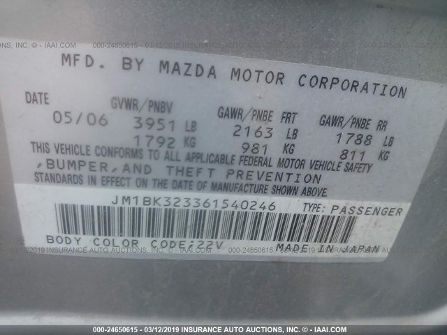 JM1BK323361540246 - 2006 MAZDA 3 S SILVER photo 9