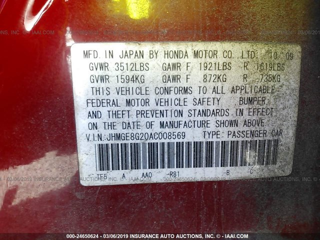 JHMGE8G20AC008569 - 2010 HONDA FIT RED photo 9