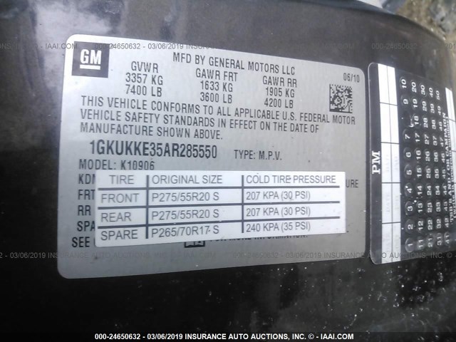 1GKUKKE35AR285550 - 2010 GMC YUKON XL K1500 SLT GRAY photo 9