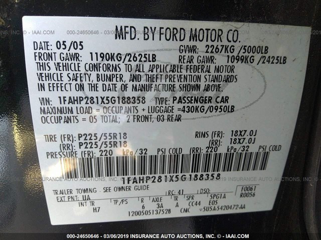 1FAHP281X5G188358 - 2005 FORD FIVE HUNDRED LIMITED BLACK photo 9