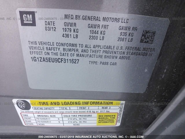 1G1ZA5EU9CF311627 - 2012 CHEVROLET MALIBU LS GRAY photo 9