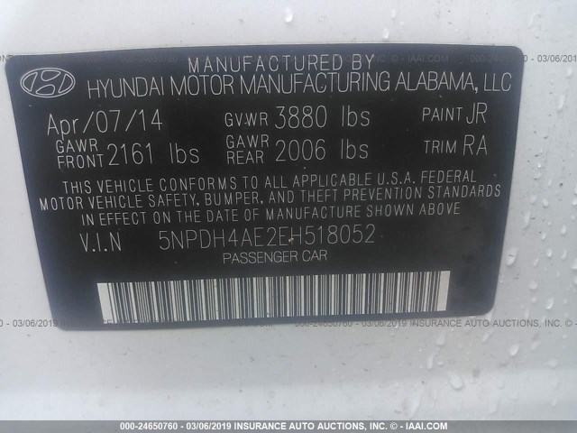 5NPDH4AE2EH518052 - 2014 HYUNDAI ELANTRA SE/SPORT/LIMITED WHITE photo 9