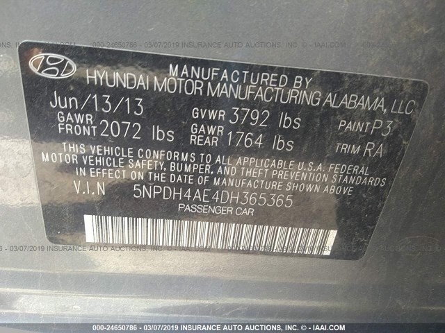 5NPDH4AE4DH365365 - 2013 HYUNDAI ELANTRA GLS/LIMITED GRAY photo 9