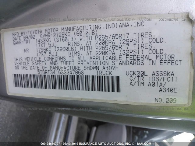 5TBRT34163S347068 - 2003 TOYOTA TUNDRA ACCESS CAB SR5 SILVER photo 9