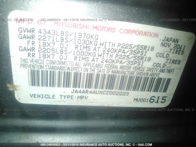 JA4AR4AUXCZ002223 - 2012 MITSUBISHI OUTLANDER SPORT SE GRAY photo 9