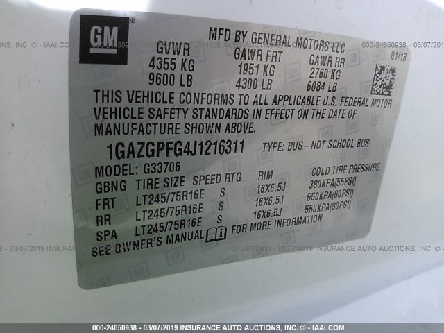 1GAZGPFG4J1216311 - 2018 CHEVROLET EXPRESS G3500 LT WHITE photo 9