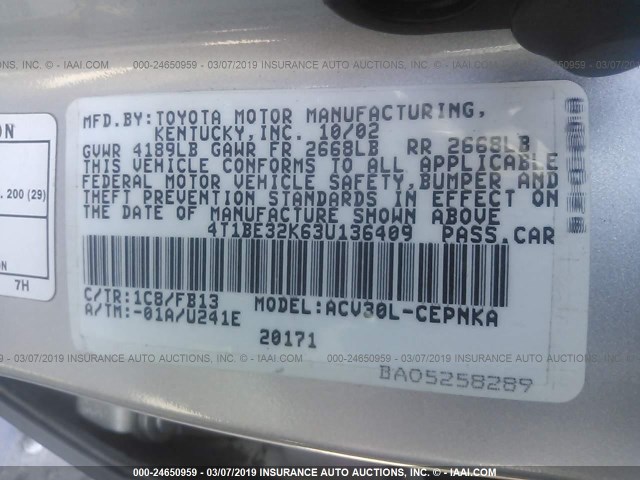 4T1BE32K63U136409 - 2003 TOYOTA CAMRY LE/XLE/SE Champagne photo 9