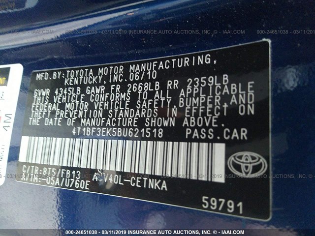 4T1BF3EK5BU621518 - 2011 TOYOTA CAMRY SE/LE/XLE BLUE photo 9