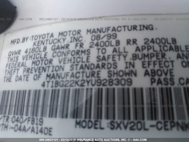 4T1BG22K2YU928309 - 2000 TOYOTA CAMRY CE/LE/XLE WHITE photo 9