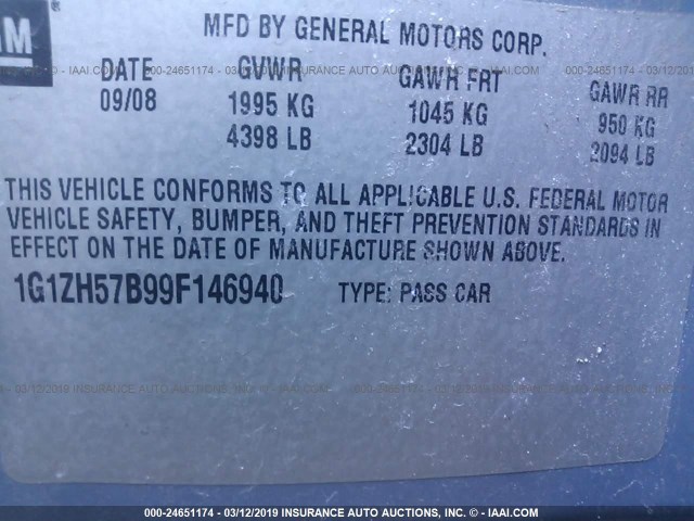 1G1ZH57B99F146940 - 2009 CHEVROLET MALIBU 1LT ლურჯი ფოტო 9