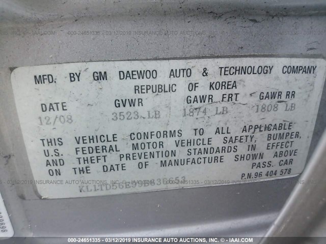 KL1TD56E99B636653 - 2009 CHEVROLET AVEO LS/LT ვერცხლისფერი ფოტო 9