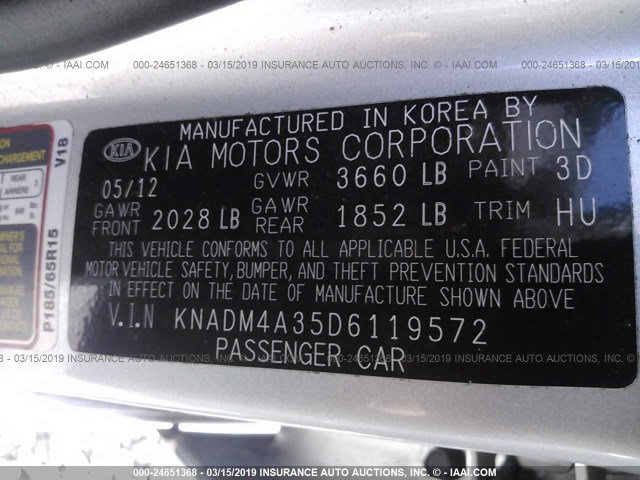 KNADM4A35D6119572 - 2013 KIA RIO LX SILVER photo 9