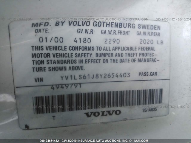 YV1LS61J8Y2654403 - 2000 VOLVO S70 SE WHITE photo 9