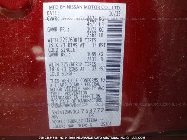 5N1AT2MV0GC753772 - 2016 NISSAN ROGUE S/SL/SV RED photo 9